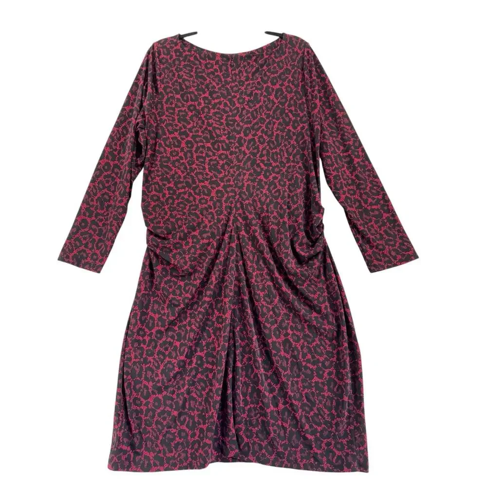 Michael Kors Plus Size 2X Red Black Animal Print Ruched Long Sleeve Dress